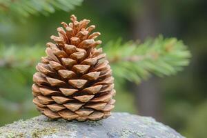 A Single Brown Pine Cone on a Mossy Rock photo