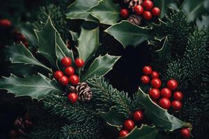 Close-up of Holly Leaves, Red Berries, and Pine Needles photo