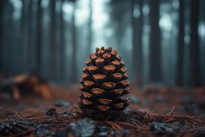 A Single Pine Cone in a Misty Forest photo