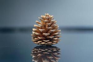 A Single Pine Cone Reflecting in Still Water photo