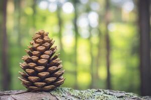 A Single Pine Cone Resting on a Mossy Tree Trunk in a Forest photo