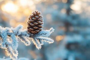 A Frost-Covered Pine Branch with a Single Pine Cone in a Wintery Setting photo