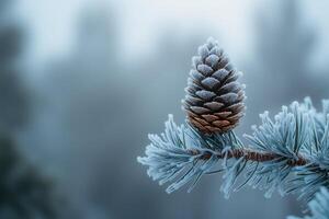A Frosty Pine Cone on a Branch photo