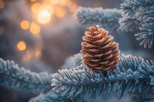 Frosted Pine Cone on a Branch with Blurry Lights in Background photo