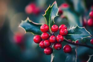 Close-up of Red Holly Berries and Spiky Green Leaves photo