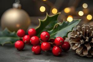 Close-up of Red Berries, Holly Leaves, a Pine Cone, and Out-of-Focus Christmas Ornament photo