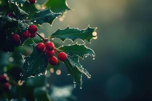 Dew-Covered Holly Branch with Red Berries photo