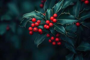 Red Berries on a Sprig of Holly with Green Leaves photo