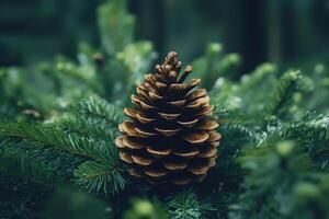A Single Pine Cone Resting on Evergreen Branches photo