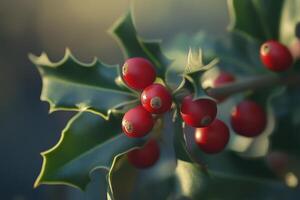 Close-up of Holly Berries on a Branch with Green Leaves photo