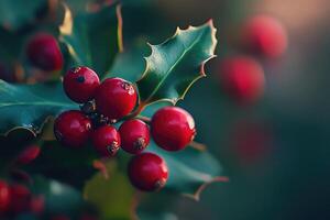 Red Berries and Green Holly Leaf Close Up photo