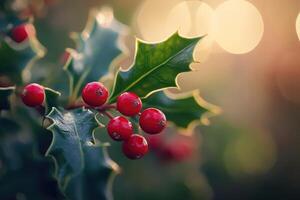Close-up of Holly Berries and Leaves with a Soft, Golden Background photo
