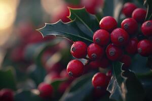 Close-up of Red Holly Berries on a Branch photo