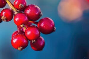 Close-up of Red Berries on a Stem Against a Blue Background photo