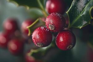 Close-up of Dewy Holly Berries on a Branch with Green Leaves photo