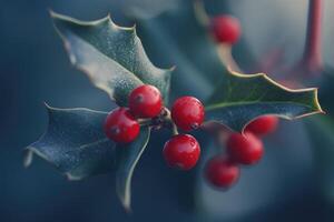 Close-up of Holly Berries and Leaves with a Blue Background photo