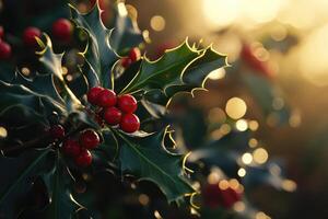 Close-up of Holly Berries and Prickly Leaves with Golden Sunlight photo