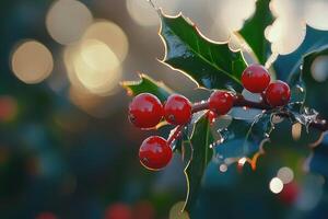 Close-up of Holly Berries and Leaves with a Soft, Blurred Background photo