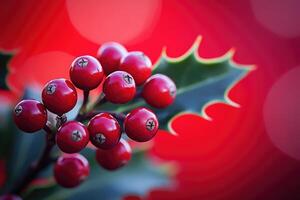 Close-up of Red Holly Berries with Green Leaves Against a Red Background photo