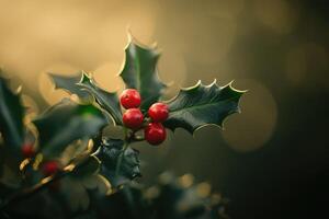 Red Holly Berries on a Branch with Green Leaves photo