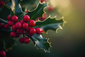 A Close-Up of Red Holly Berries on a Green Sprig photo
