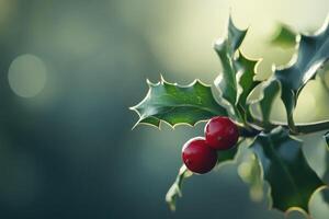 Close-up of Holly Berries and Sprig with Soft Background photo