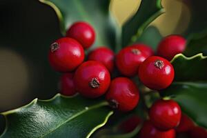 Red Berries on a Green Holly Branch photo