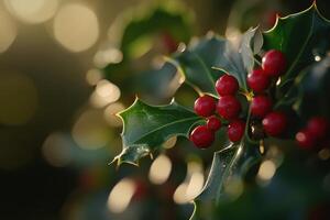Close-up of Holly Berries and Spiky Leaves with a Blurred Background photo