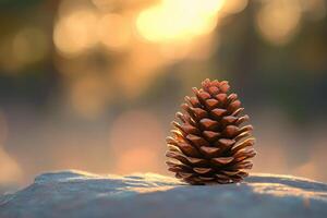 A Single Pine Cone on a Rock in a Golden Sunset photo