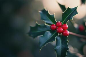 A Close-Up of Red Holly Berries Nestled Among Green Leaves photo