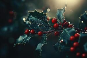 Close-up of Holly Berries and Leaves with Dew Drops photo