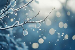 Snow-covered branch with bokeh background photo