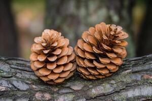 Two Brown Pine Cones Resting on a Tree Branch photo