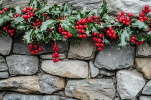 Holly Berries and Sprigs Hanging from a Stone Wall photo