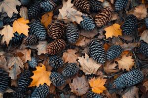 A Close-Up of Pine Cones and Autumn Leaves photo