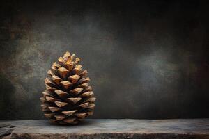 A Single Brown Pine Cone on a Rustic Wooden Shelf photo