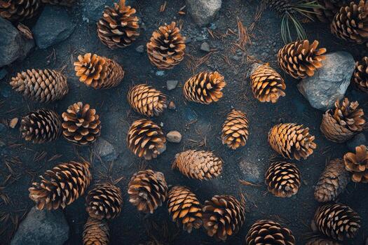 A Collection of Pine Cones on a Dark Forest Floor photo