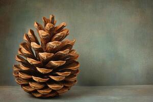 A Single Brown Pine Cone on a Rustic Grey Background photo