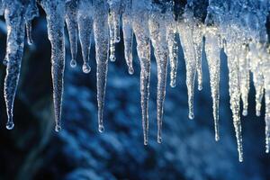 Icicles Hanging with Water Drops Against a Blurred Blue Background photo