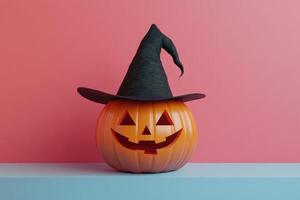 A Carved Pumpkin Wearing a Witch Hat on a Colorful Background photo