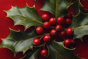 Sprig of Holly with Red Berries on a Red Background photo