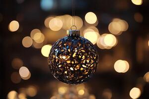 Ornate Christmas Ornament Hanging Against a Blurred Background of Golden Lights photo