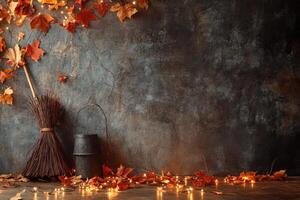 Rustic Autumnal Scene with Broom, Leaves, and Fairy Lights photo