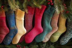 Colorful Knitted Socks Hanging on a Christmas Tree Branch photo