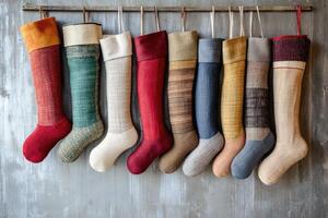 Ten Colorful Fabric Christmas Stockings Hanging on a Wooden Rail photo