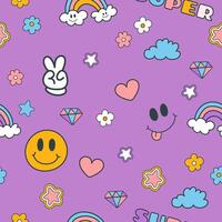 Seamless colorful pattern in y2k style, violet background with groovy elements. Illustration for textile, paper, fabric, background, print design vector