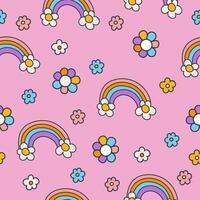Seamless cartoon pattern in y2k style. Hand-drawn groovy rainbow with flowers. Illustration for textile, paper, fabric, background, print design, wrapping, wallpaper vector