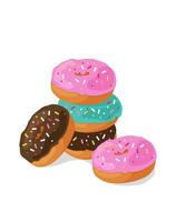 Five cartoon donuts with different glaze. Bakery, dessert illustration isolated on white background for card, poster, banner, menu, flyer. Side view vector