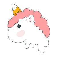 White fairy tale unicorn character with a pink mane. Unicorn head illustration in y2k style, retro, groovy for print, logo dessign. Isolated on white background vector
