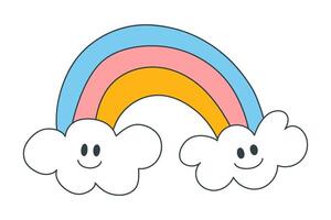 Groovy hand drawn rainbow with smile clouds. Y2k style illustration isolated on white background vector